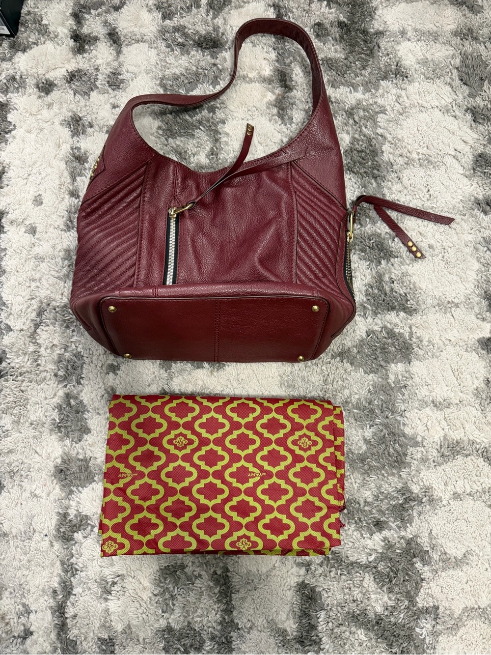 Oryany Burgundy Leather Hobo Shoulder Bag Chevron Stitch + Dust Bag - Picture 12 of 15